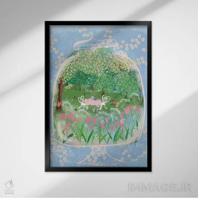 تابلو دکوراتیو مهمانی چای در تراریوم اثر جوی لافرم - نمای قابدار مشکی