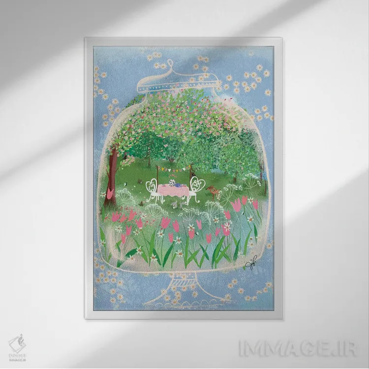 تابلو دکوراتیو مهمانی چای در تراریوم اثر جوی لافرم - نمای قابدار سفید