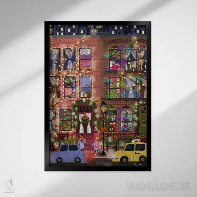 تابلو دکوراتیو خانه های ردیفی کریسمسی اثر جوی لافرم - نمای قابدار مشکی