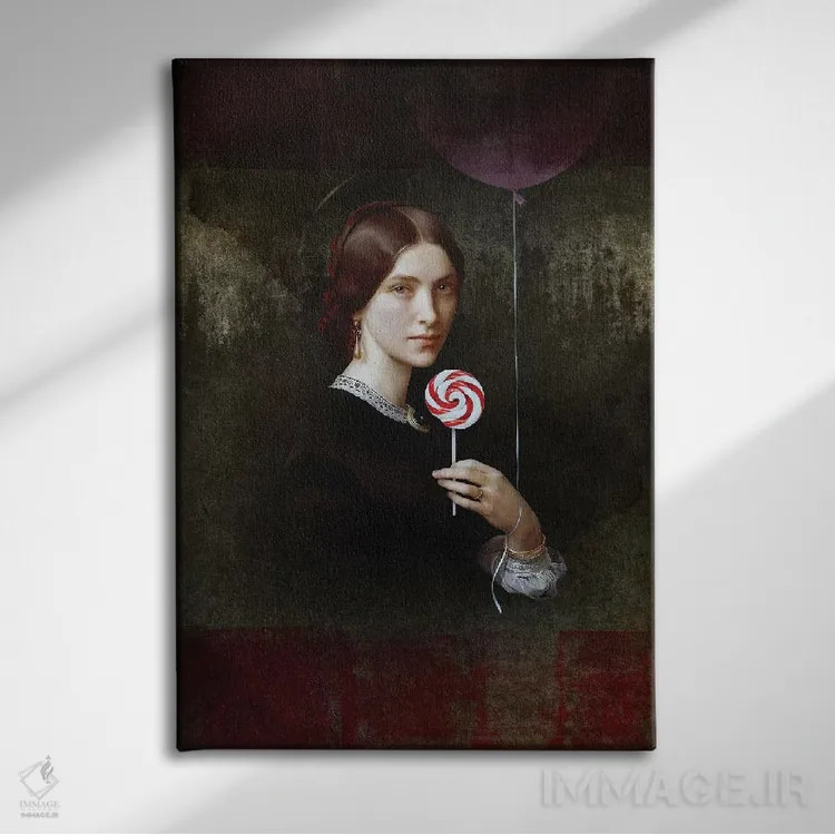 تابلو دکوراتیو پرتره زن با آب نبات و بادکنک اثر خوزه لوئیس گوئررو - نمای روبهرو روی دیوار
