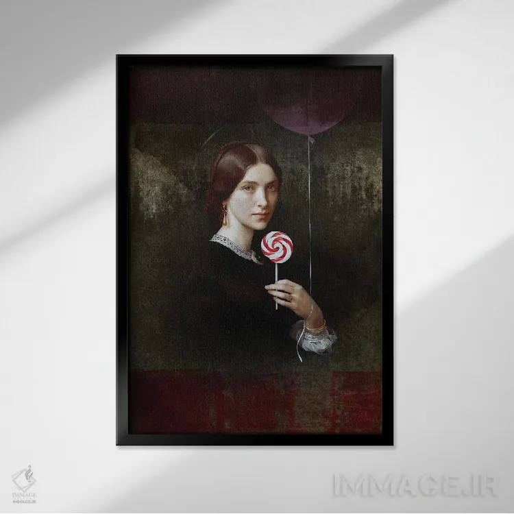 تابلو دکوراتیو پرتره زن با آب نبات و بادکنک اثر خوزه لوئیس گوئررو - نمای قابدار مشکی