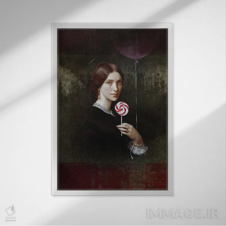 تابلو دکوراتیو پرتره زن با آب نبات و بادکنک اثر خوزه لوئیس گوئررو - نمای قابدار سفید