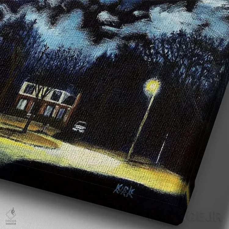 تابلو دکوراتیو شب بر حومه فرو می آید اثر جری لی کرک - نمای نزدیک بافت بوم