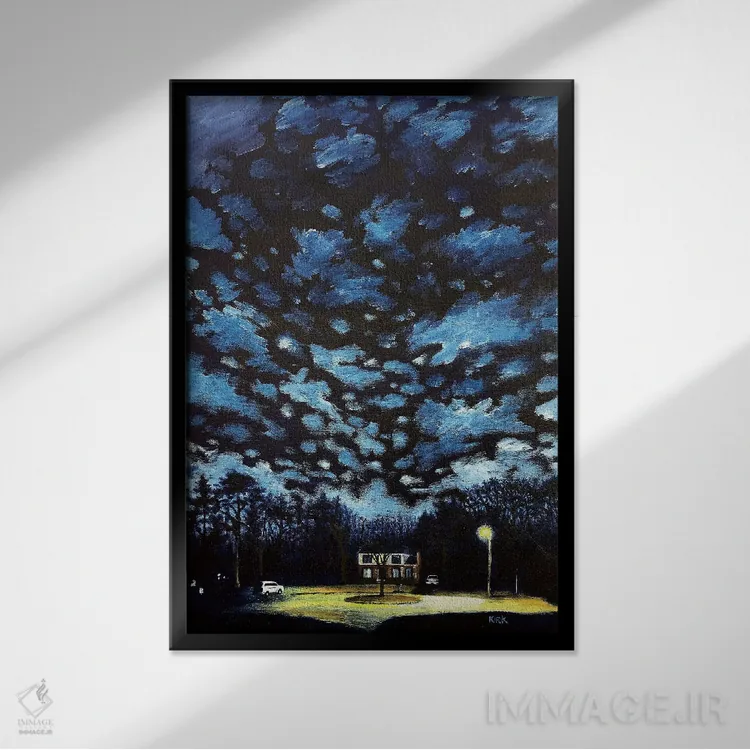 تابلو دکوراتیو شب بر حومه فرو می آید اثر جری لی کرک - نمای قابدار مشکی