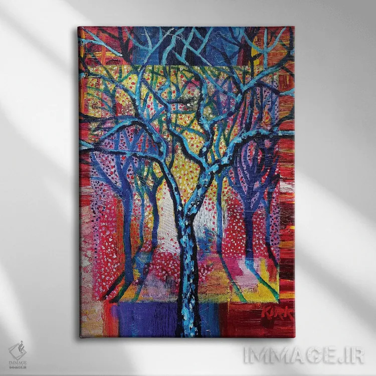 تابلو دکوراتیو درختان آبی در منظره انتزاعی اثر جری لی کرک - نمای روبهرو روی دیوار