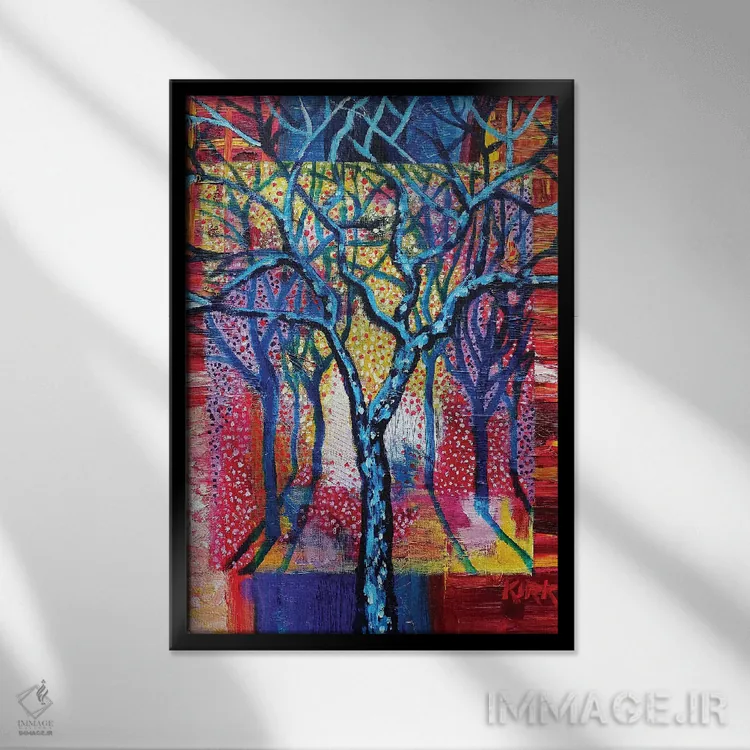 تابلو دکوراتیو درختان آبی در منظره انتزاعی اثر جری لی کرک - نمای قابدار مشکی