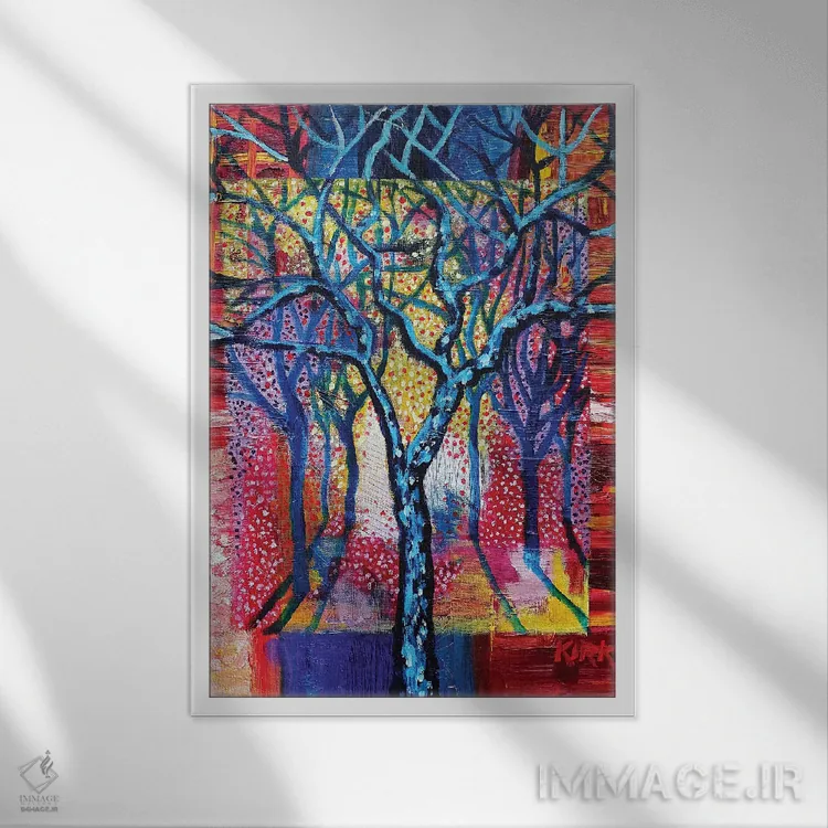 تابلو دکوراتیو درختان آبی در منظره انتزاعی اثر جری لی کرک - نمای قابدار سفید