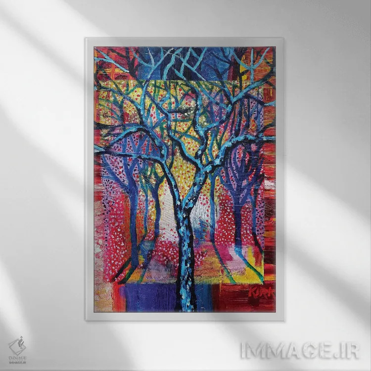 تابلو دکوراتیو درختان آبی در منظره انتزاعی اثر جری لی کرک - نمای قابدار سفید