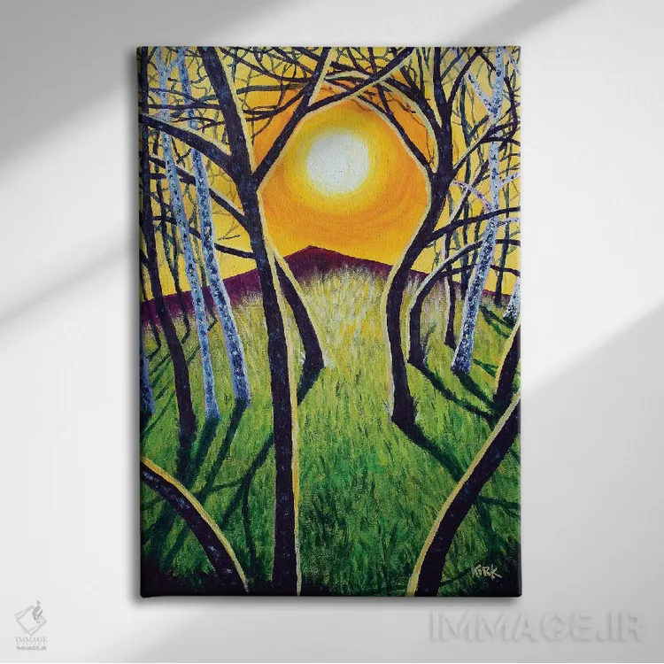 تابلو دکوراتیو طلوع خورشید بر فراز کوهستان اثر جری لی کرک - نمای روبهرو روی دیوار