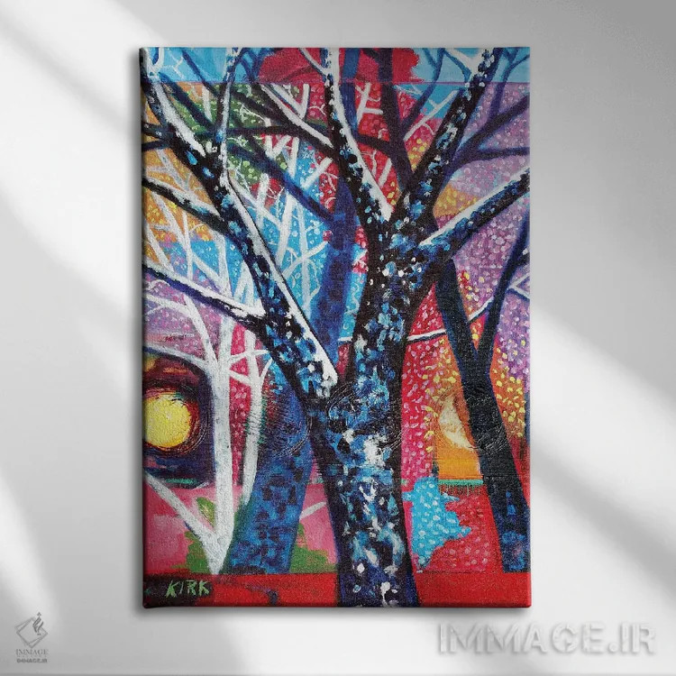 تابلو دکوراتیو درختان در غروب انتزاعی اثر جری لی کرک - نمای روبهرو روی دیوار