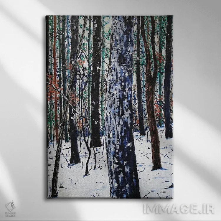 تابلو دکوراتیو جنگل در برف اثر جری لی کرک - نمای روبهرو روی دیوار