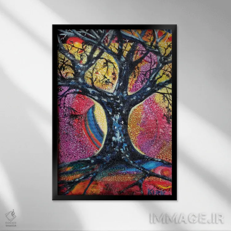 تابلو دکوراتیو درخت در چشم انداز انتزاعی اثر جری لی کرک - نمای قابدار مشکی