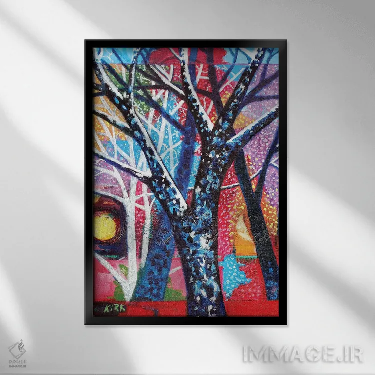تابلو دکوراتیو درختان در غروب انتزاعی اثر جری لی کرک - نمای قابدار مشکی