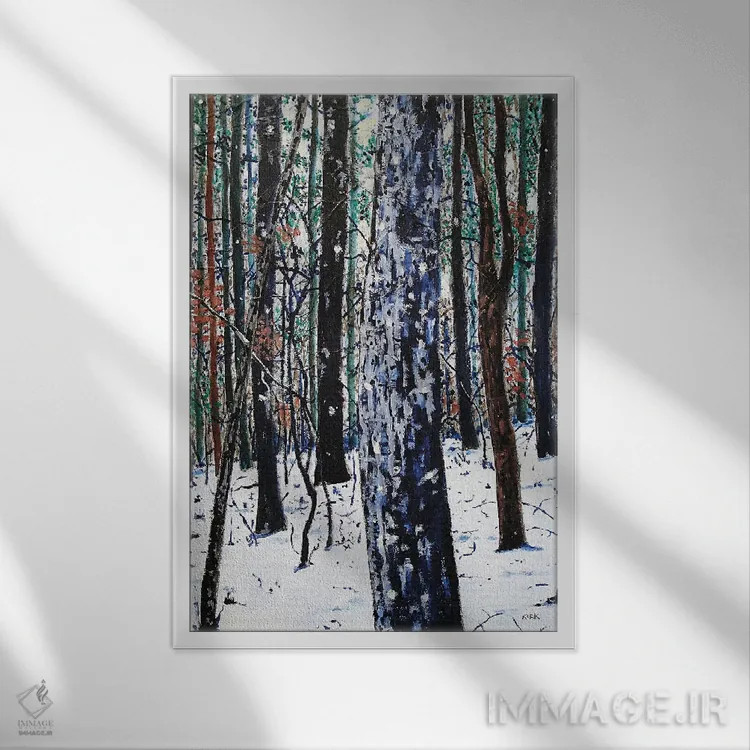 تابلو دکوراتیو جنگل در برف اثر جری لی کرک - نمای قابدار سفید