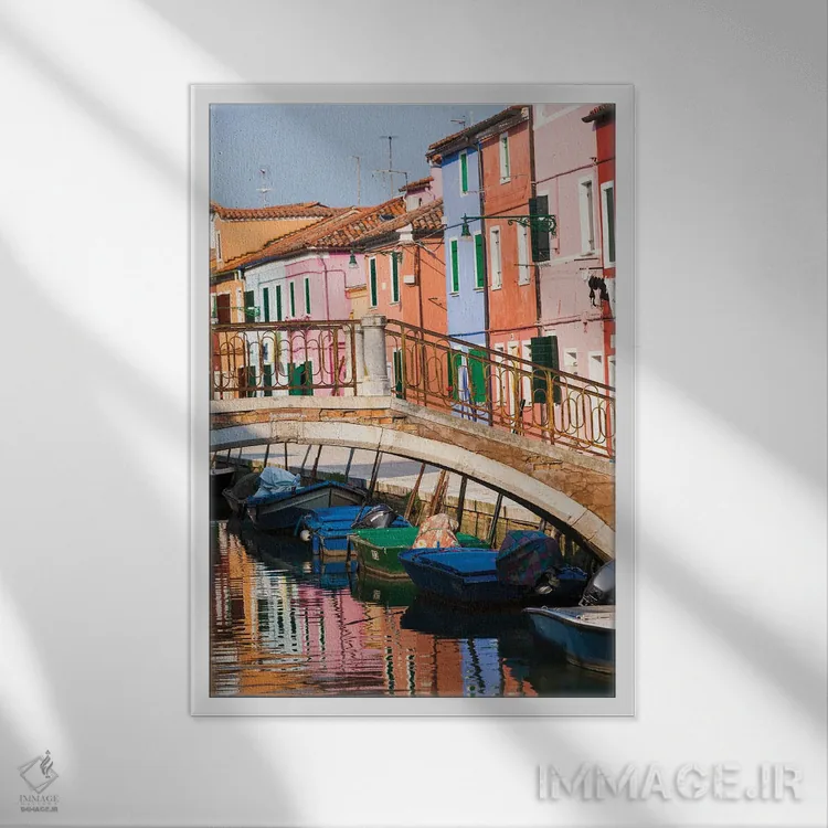تابلو دکوراتیو Burano. Reflection of colorful houses in canal.,ایتالیا، بو… اثر مریل ایماجز - نمای قابدار سفید