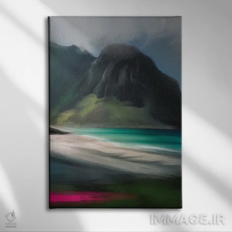 تابلو دکوراتیو ساحل جزیره نهنگ صورتی اثر جولیانا لوومر - نمای روبهرو روی دیوار