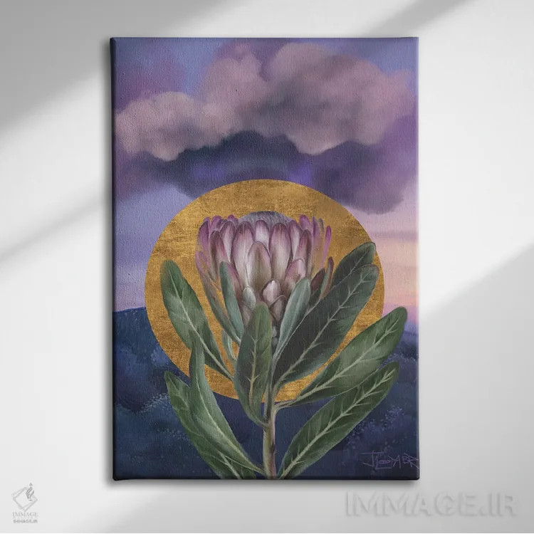 تابلو دکوراتیو طلوع پروتئای بنفش اثر جولیانا لوومر - نمای روبهرو روی دیوار