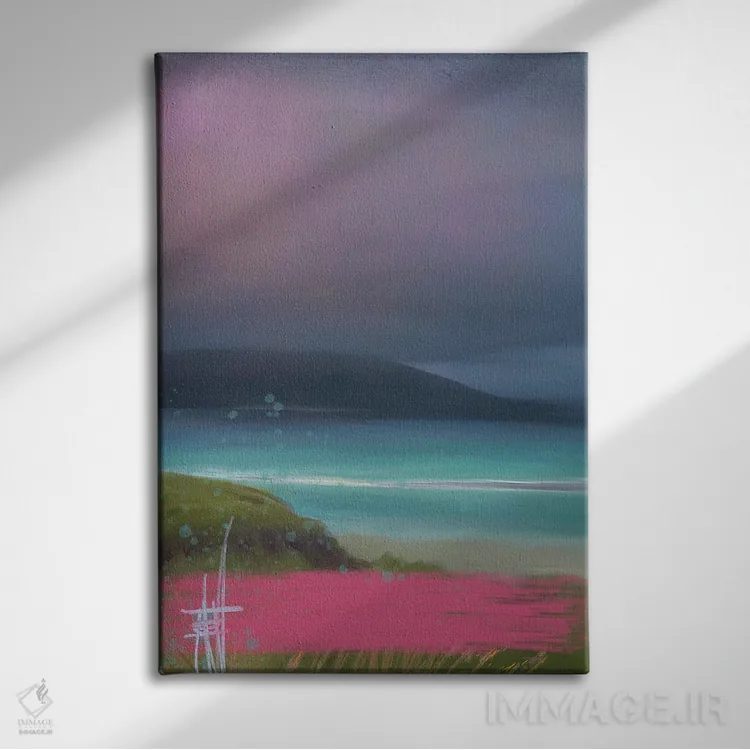 تابلو انتزاعی طوفان جزیره گل صورتی اثر جولیانا لوومر - نمای روبهرو روی دیوار