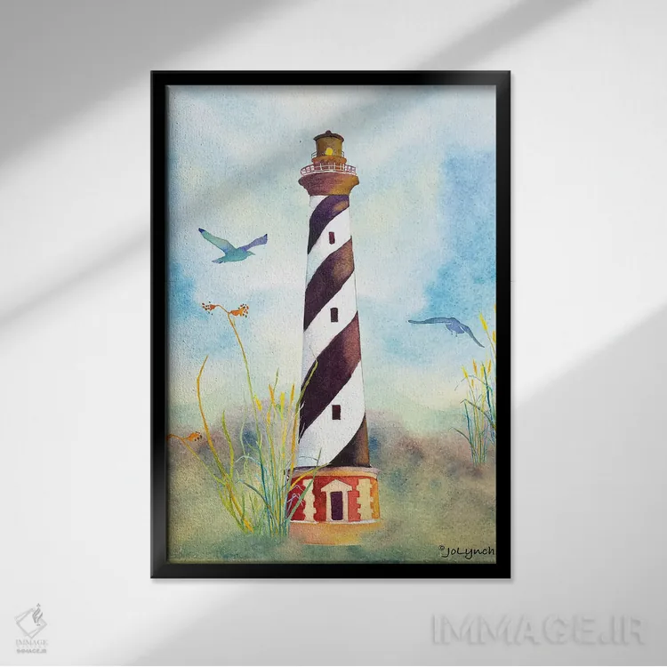 تابلو دکوراتیو فانوس دریایی کیپ هترس دو اثر جو لینچ - نمای قابدار مشکی