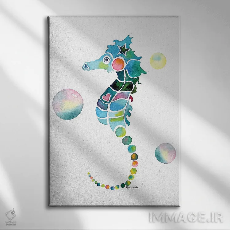 تابلو دکوراتیو اسب دریایی با حباب ها اثر جو لینچ - نمای روبهرو روی دیوار