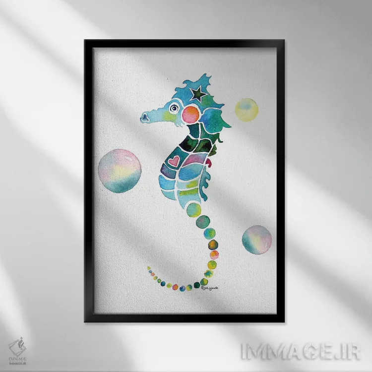 تابلو دکوراتیو اسب دریایی با حباب ها اثر جو لینچ - نمای قابدار مشکی
