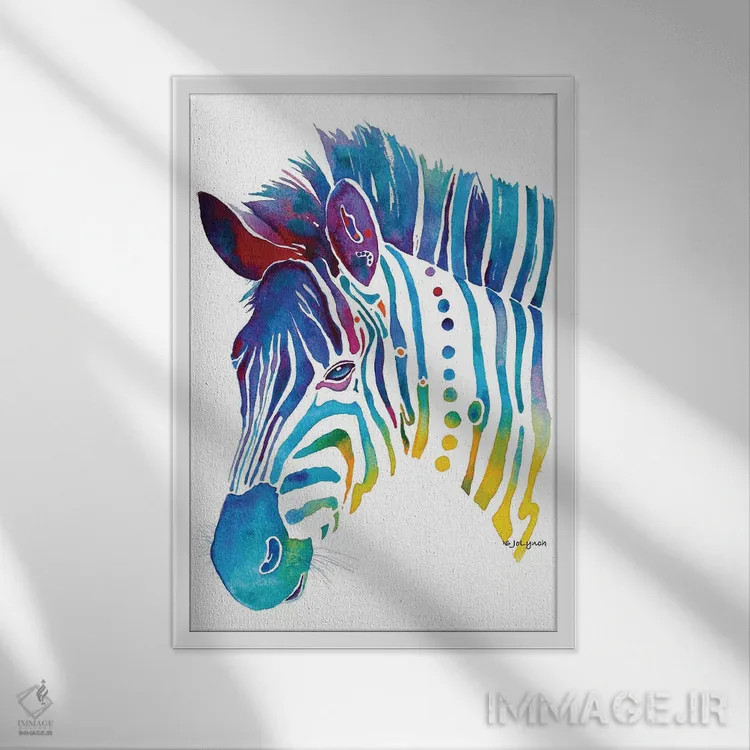 تابلو دکوراتیو گورخر رنگارنگ اثر جو لینچ - نمای قابدار سفید