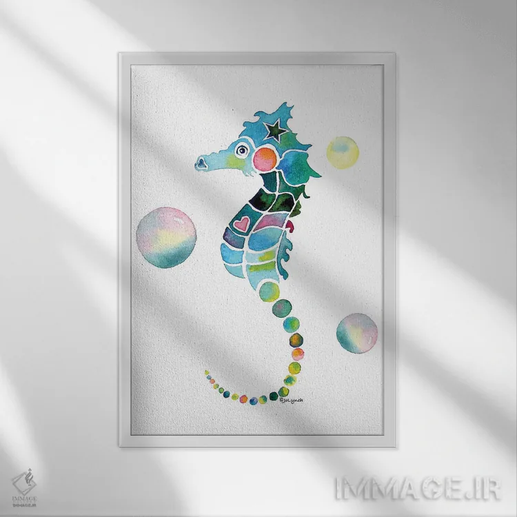تابلو دکوراتیو اسب دریایی با حباب ها اثر جو لینچ - نمای قابدار سفید