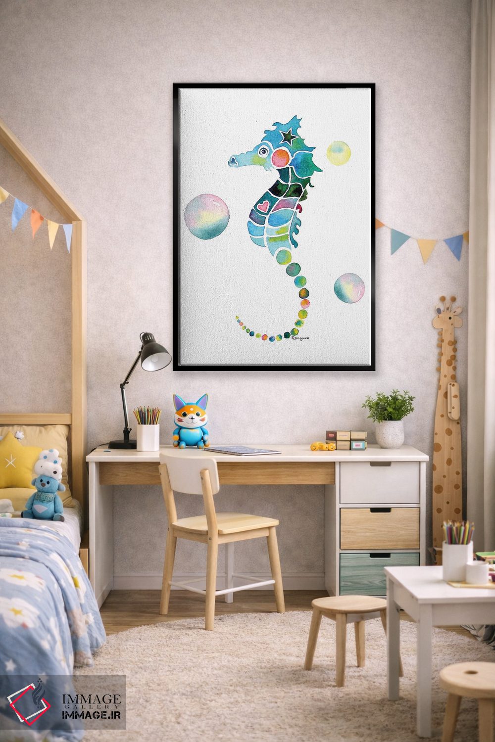 تابلو دکوراتیو اسب دریایی با حباب ها اثر جو لینچ - D2B