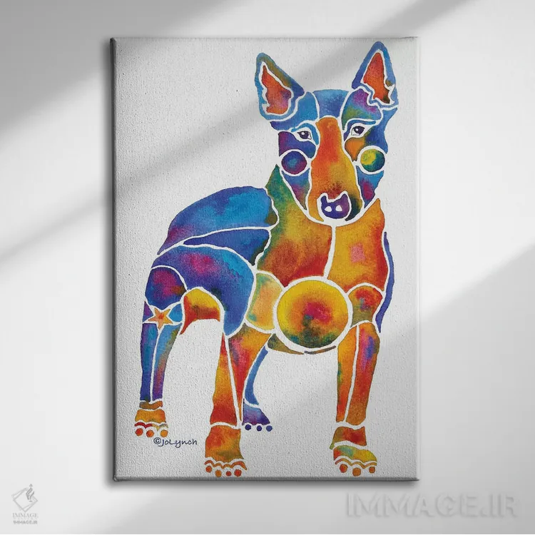 تابلو دکوراتیو سگ بول تریر روی زمینه سفید اثر جو لینچ - نمای روبهرو روی دیوار