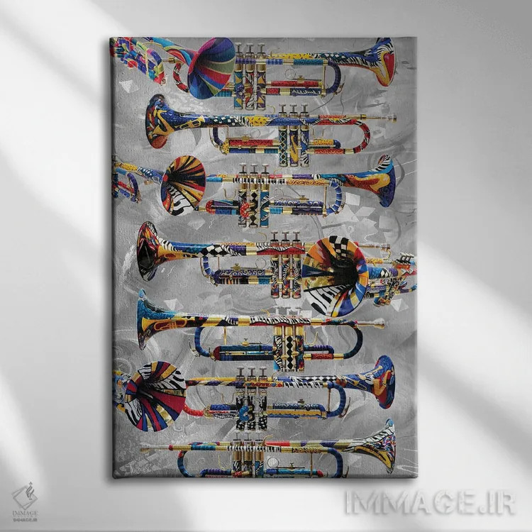 تابلو دکوراتیو ترومپت رنگارنگ اثر جولیز - نمای روبهرو روی دیوار