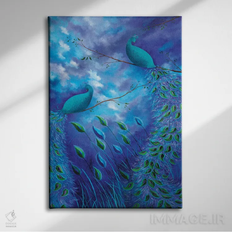 تابلو دکوراتیو باغ طاووس آبی اثر جولیز - نمای روبهرو روی دیوار