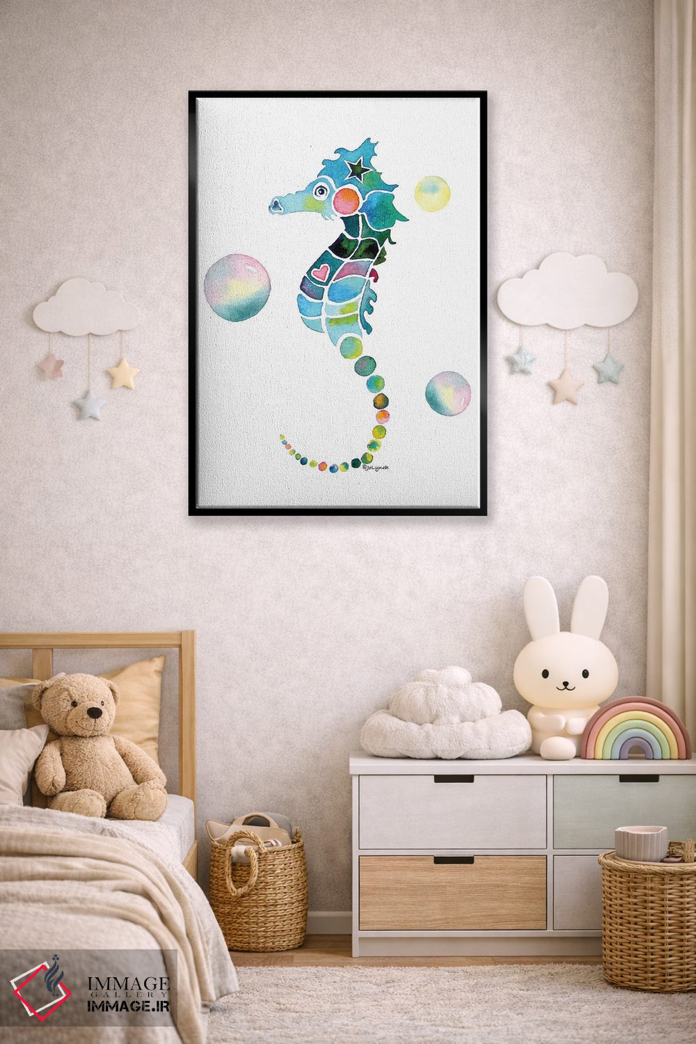 تابلو دکوراتیو اسب دریایی با حباب ها اثر جو لینچ - D6B