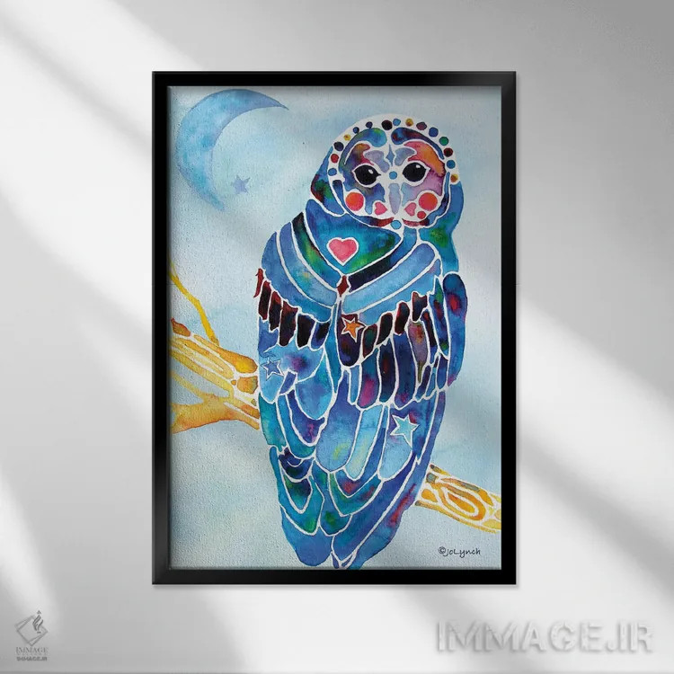 تابلو دکوراتیو جغد مینوکام اثر جو لینچ - نمای قابدار مشکی