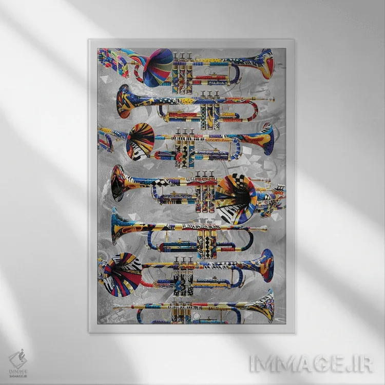 تابلو دکوراتیو ترومپت رنگارنگ اثر جولیز - نمای قابدار سفید