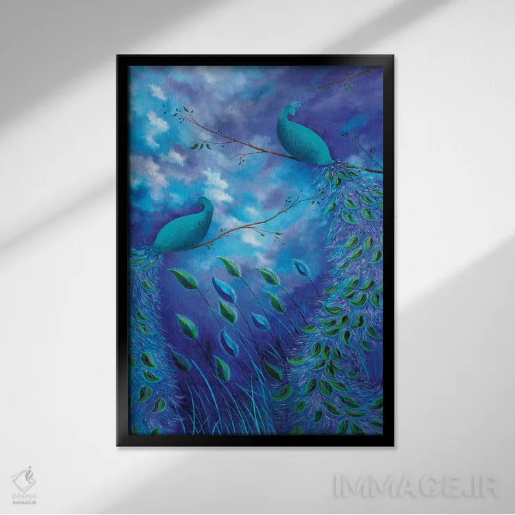تابلو دکوراتیو باغ طاووس آبی اثر جولیز - نمای قابدار مشکی