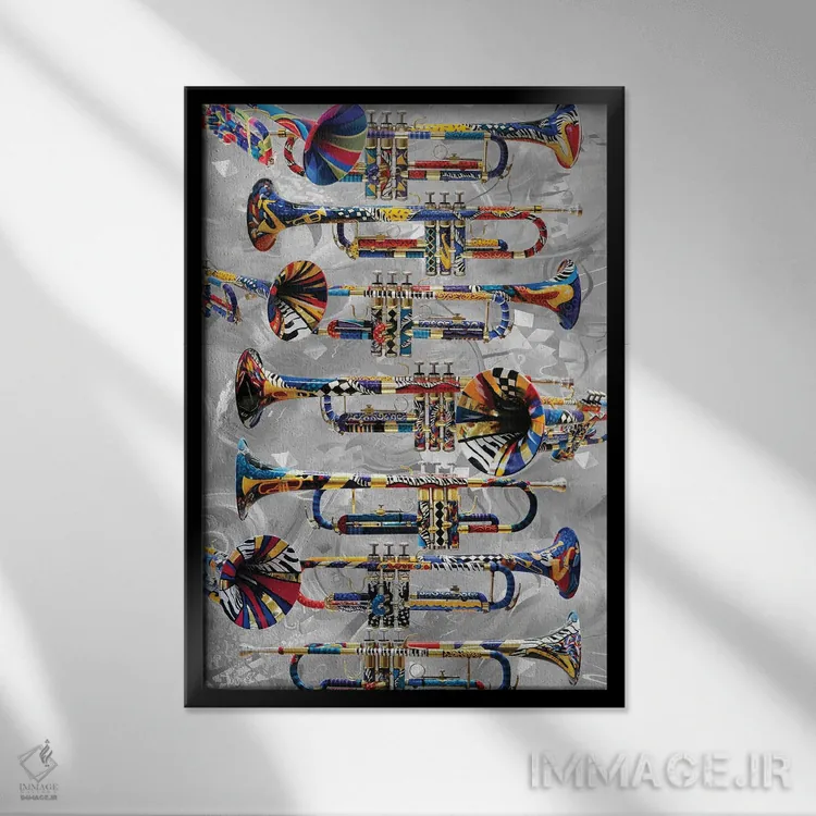 تابلو دکوراتیو ترومپت رنگارنگ اثر جولیز - نمای قابدار مشکی
