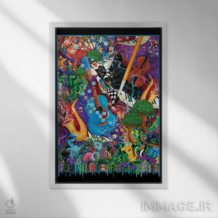 تابلو دکوراتیو هنر موسیقی محلی جشنواره ای شاد اثر جولیز - نمای قابدار سفید