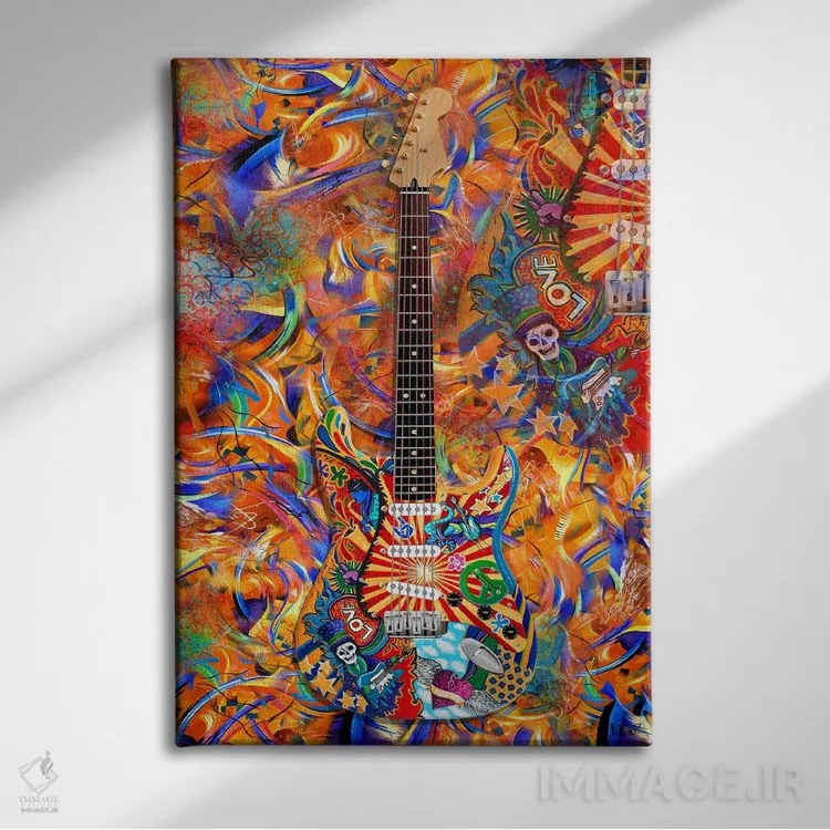 تابلو دکوراتیو نقاشی انتزاعی گیتار راک با جمجمه شکری اثر جولیز - نمای روبهرو روی دیوار