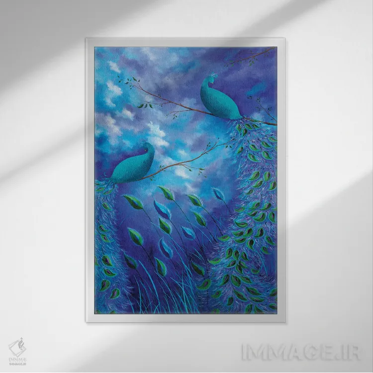 تابلو دکوراتیو باغ طاووس آبی اثر جولیز - نمای قابدار سفید
