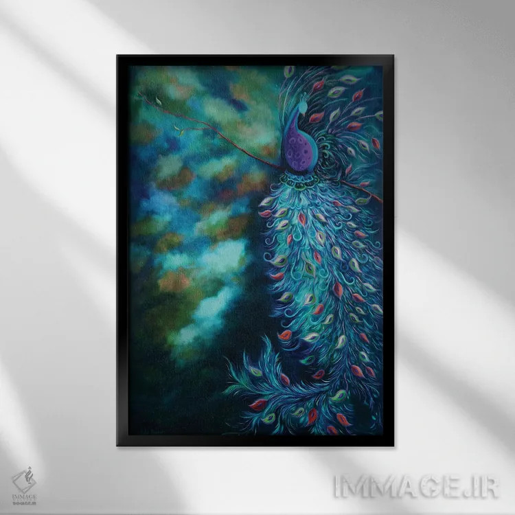 تابلو دکوراتیو باغ طاووس فیروزه ای اثر جولیز - نمای قابدار مشکی