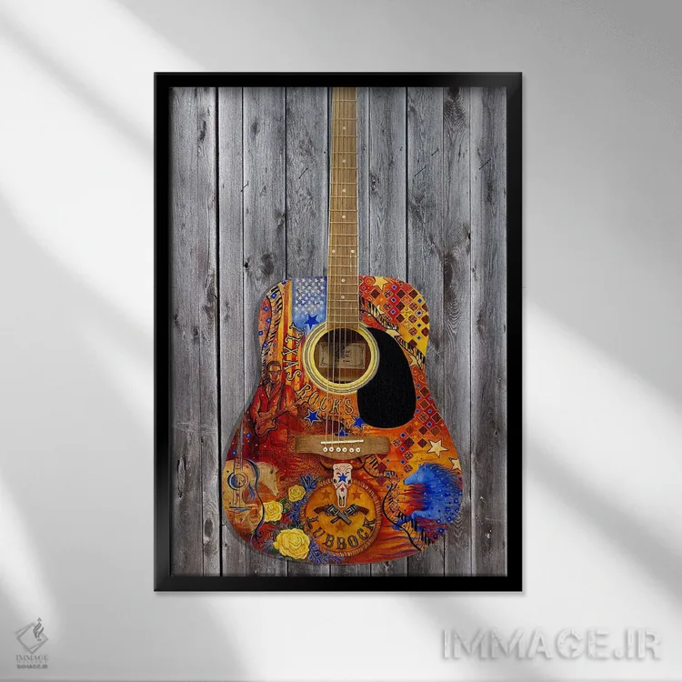 تابلو دکوراتیو گیتار پرچم سنگ های تگزاس اثر جولیز - نمای قابدار مشکی