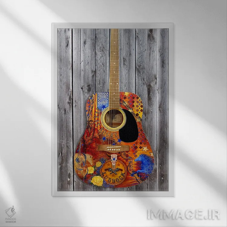 تابلو دکوراتیو گیتار پرچم سنگ های تگزاس اثر جولیز - نمای قابدار سفید