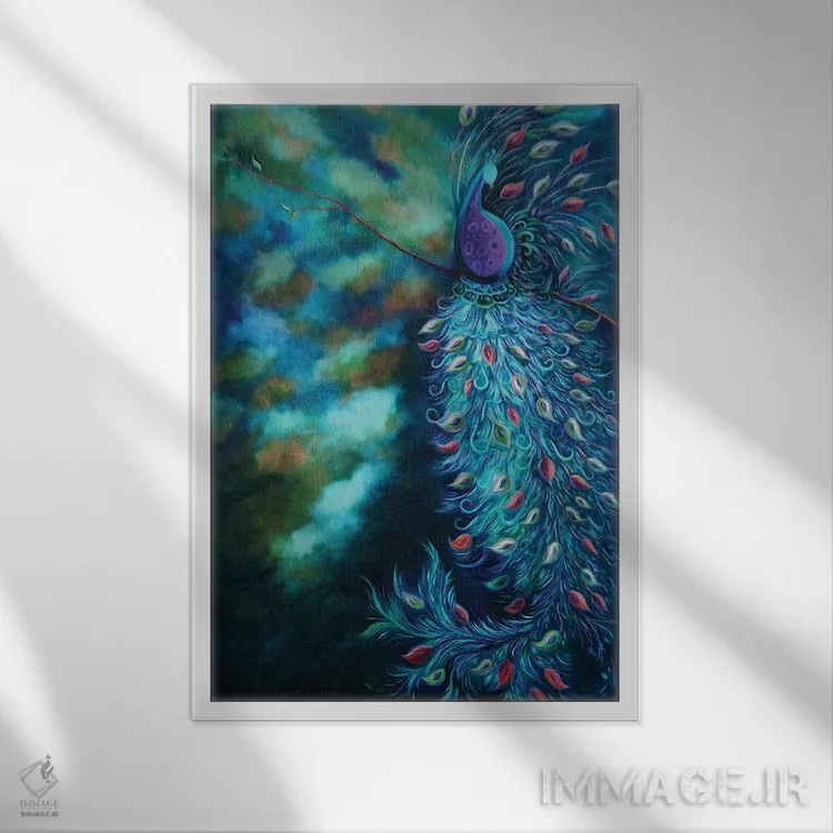 تابلو دکوراتیو باغ طاووس فیروزه ای اثر جولیز - نمای قابدار سفید
