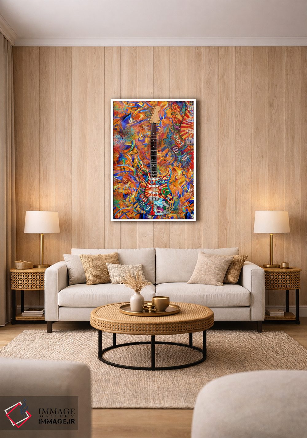 تابلو دکوراتیو نقاشی انتزاعی گیتار راک با جمجمه شکری اثر جولیز - D1W