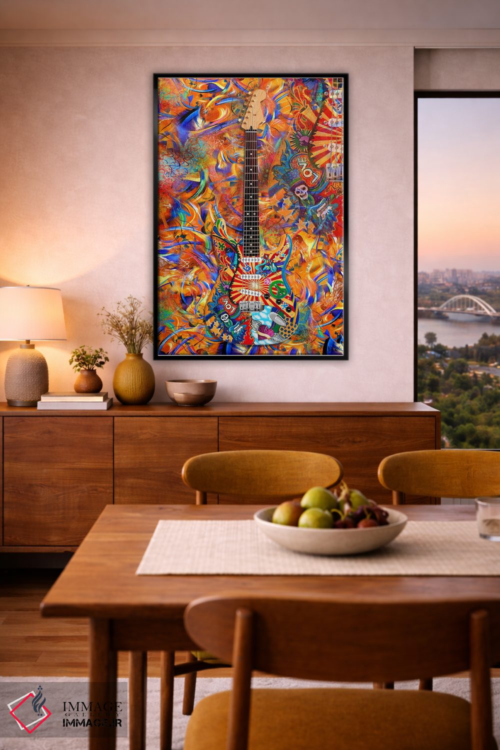 تابلو دکوراتیو نقاشی انتزاعی گیتار راک با جمجمه شکری اثر جولیز - D6B
