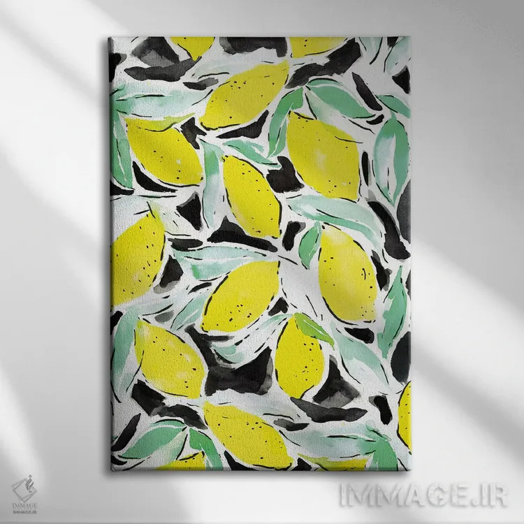 تابلو دکوراتیو لیموها با زرد و مشکی جسورانه اثر ژاکلین مالدونادو - نمای روبهرو روی دیوار