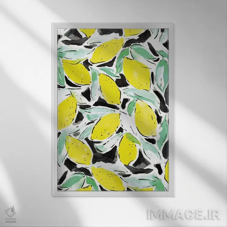 تابلو دکوراتیو لیموها با زرد و مشکی جسورانه اثر ژاکلین مالدونادو - نمای قابدار سفید