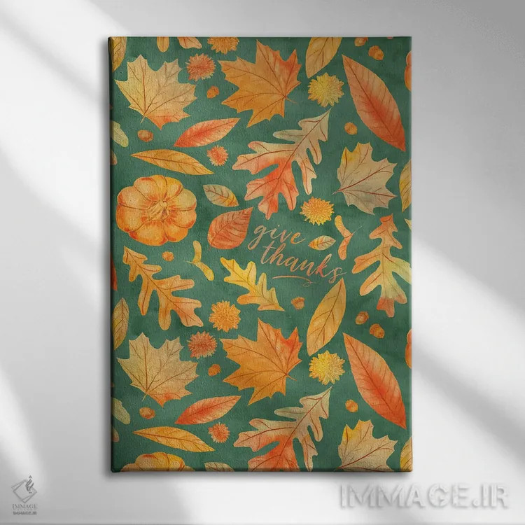 تابلو دکوراتیو شکرگزاری با برگ های پاییزی سبزآبی به سبک آبرنگ اثر ژاکلین مالدونادو - نمای روبهرو روی دیوار