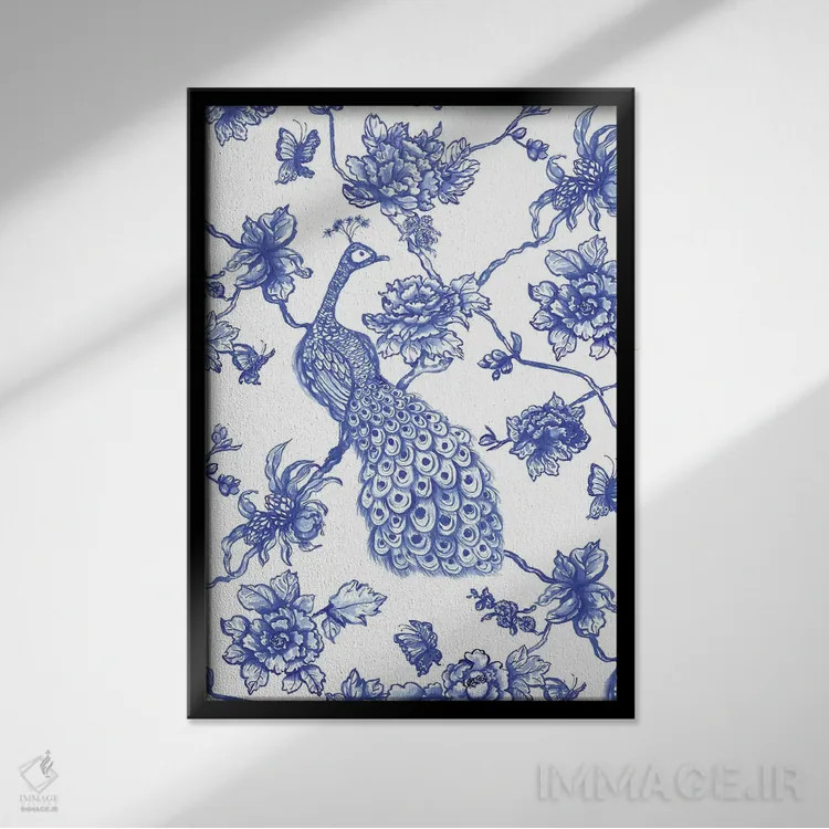 تابلو مدرن طاووس سبک چینی اثر ژاکلین مالدونادو - نمای قابدار مشکی