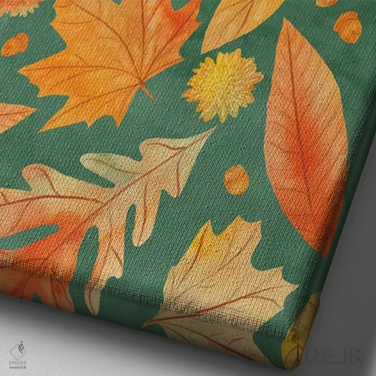 تابلو دکوراتیو شکرگزاری با برگ های پاییزی سبزآبی به سبک آبرنگ اثر ژاکلین مالدونادو - نمای نزدیک بافت بوم